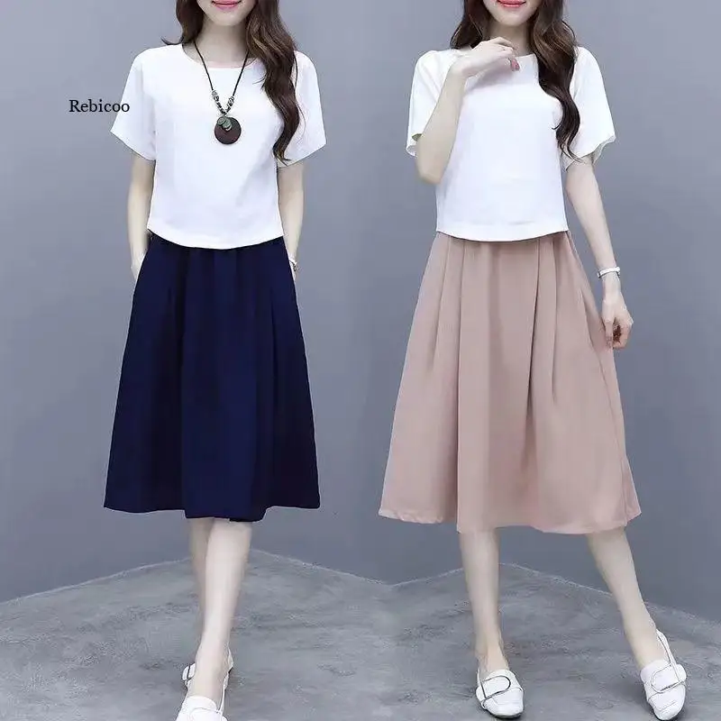 

Summer New Korean Fashion Elegant 2 Piece Set Women T-shirt Top A-Line Skirts Suit Two Piece Sets Office Lady Clothing