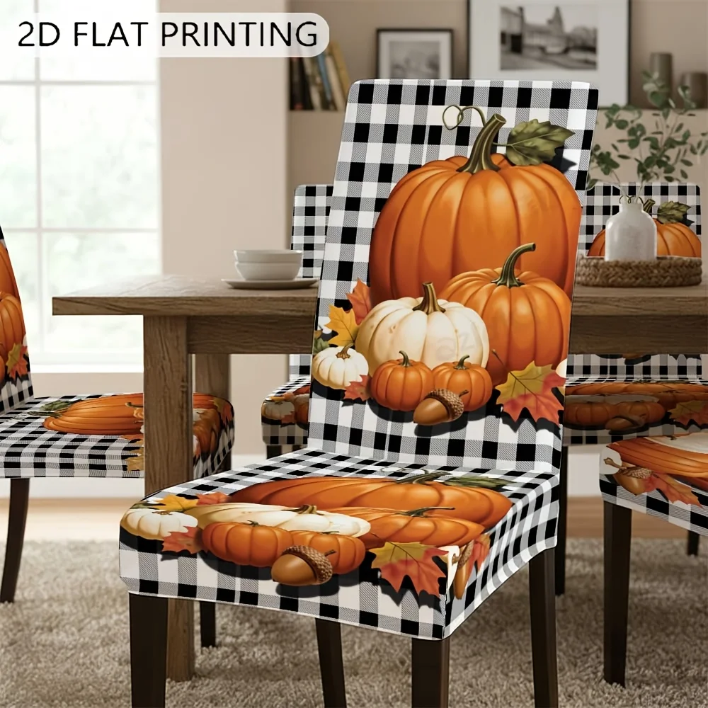 Black White Buffalo Plaid Pumpkin Acorn Maple Leaf Full Print Dining Chair Slipcover Stretch Fall Thanksgiving Chair Cover