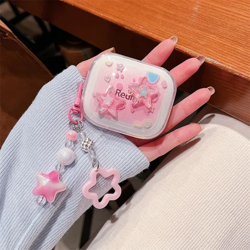 Imagen 2 del producto Funda para auriculares Redmi Buds 6, bonita funda para auriculares con gradiente colorido DIY de flores/mariposas/estrella/tulipán con llavero para niñas