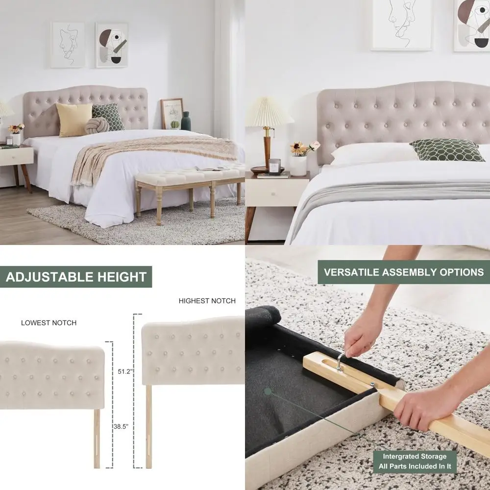 

Изголовье кровати с алмазной стежкой и регулируемой высотой, ножки из массива дерева, льняная ткань, для кровати размера Full, современный дизайн, бежевый цвет