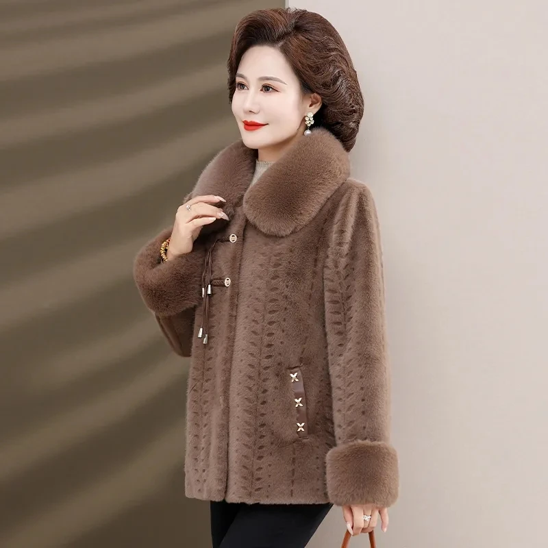 Middle-Age Women Faux Fur Coat Thicken Mink Fur Short Jacket Fox Fur Collar Outerwear Female Fashion Fur Jackets Autumn Winter