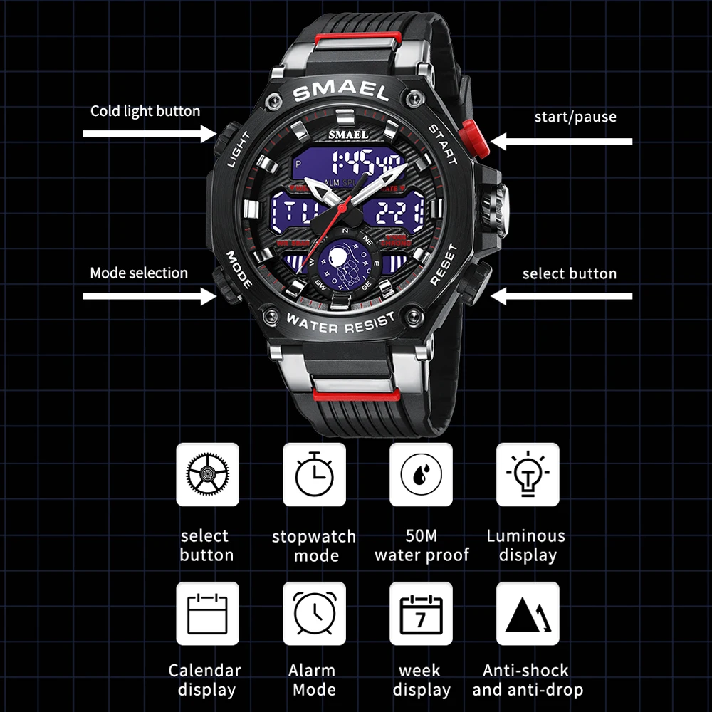 SMAEL Electronic Digital Watch for Men Fashion Chronograph Quartz Wristwatch Male Auto Date Week Alarm Clock LED Dual Time 8069