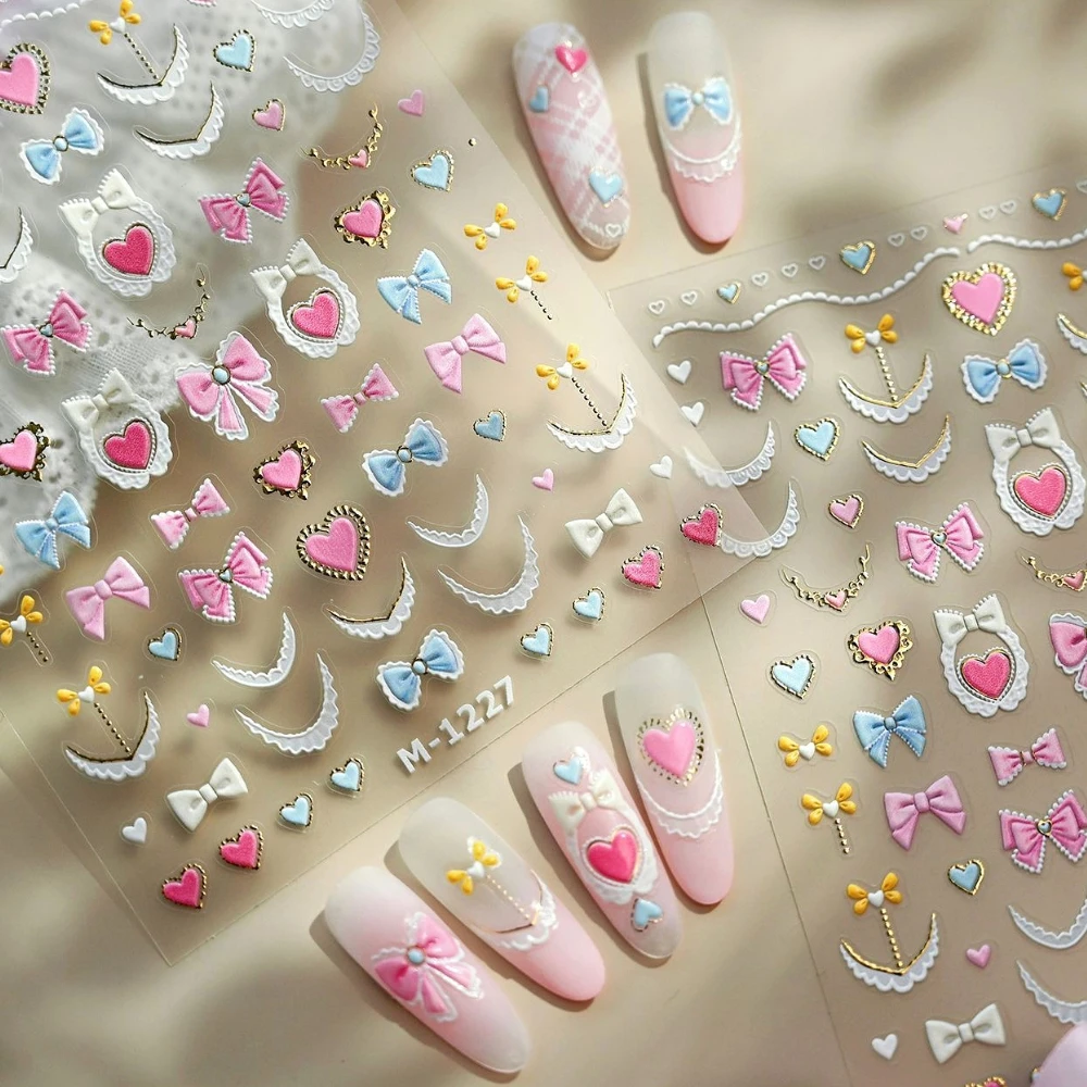 Lovely Pink Blue White Lace Bowknot Love Heart Gold Stamped 5D Reliefs Self Adhesive Nail Art Stickers Cute 3D Manicure Decals