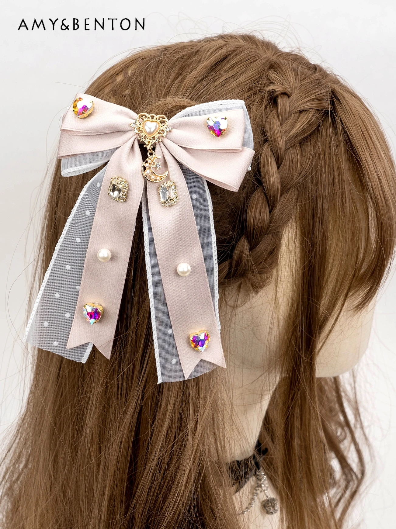 

Japanese Mine Barrettes Lolita Sweet Double-Layer Inlaid Rhinestone Bow Hairpin Gadget Cute Edge Clip Hair Accessories Headdress