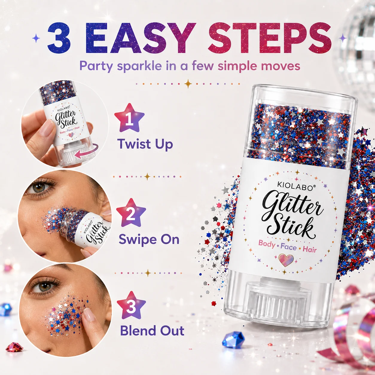 16g Stern-Pailletten-Glitzerstift, vielseitig einsetzbares funkelndes Gel-Make-up für Gesicht, Haare, Körper und Party – Detail 5