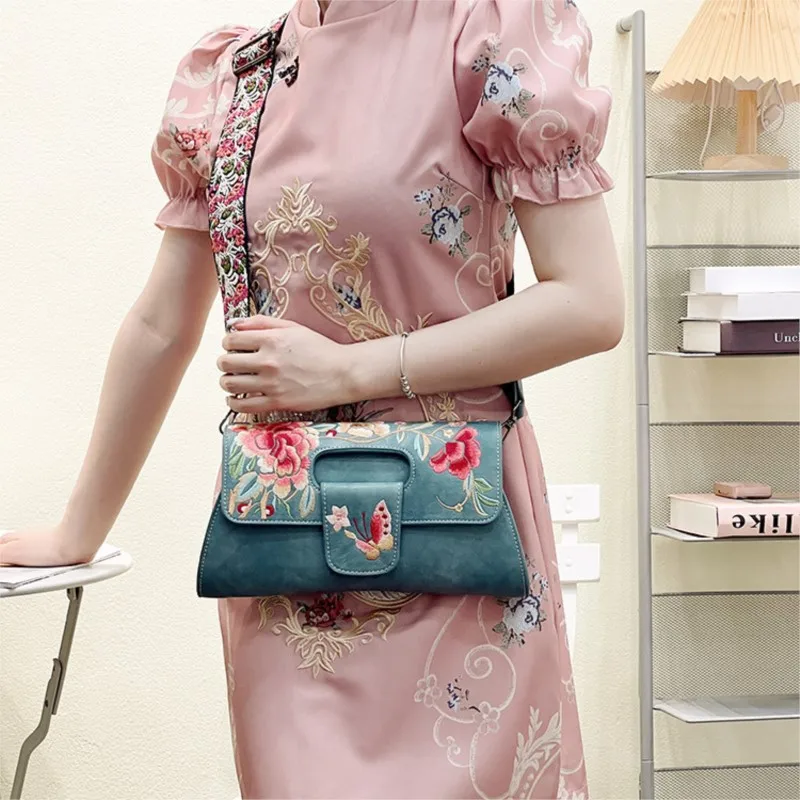 Johnature Vintage Chinese Style Embroidery Women Leather Bag 2024 New Elegant Handbag Versatile Shoulder & Crossbody Bags