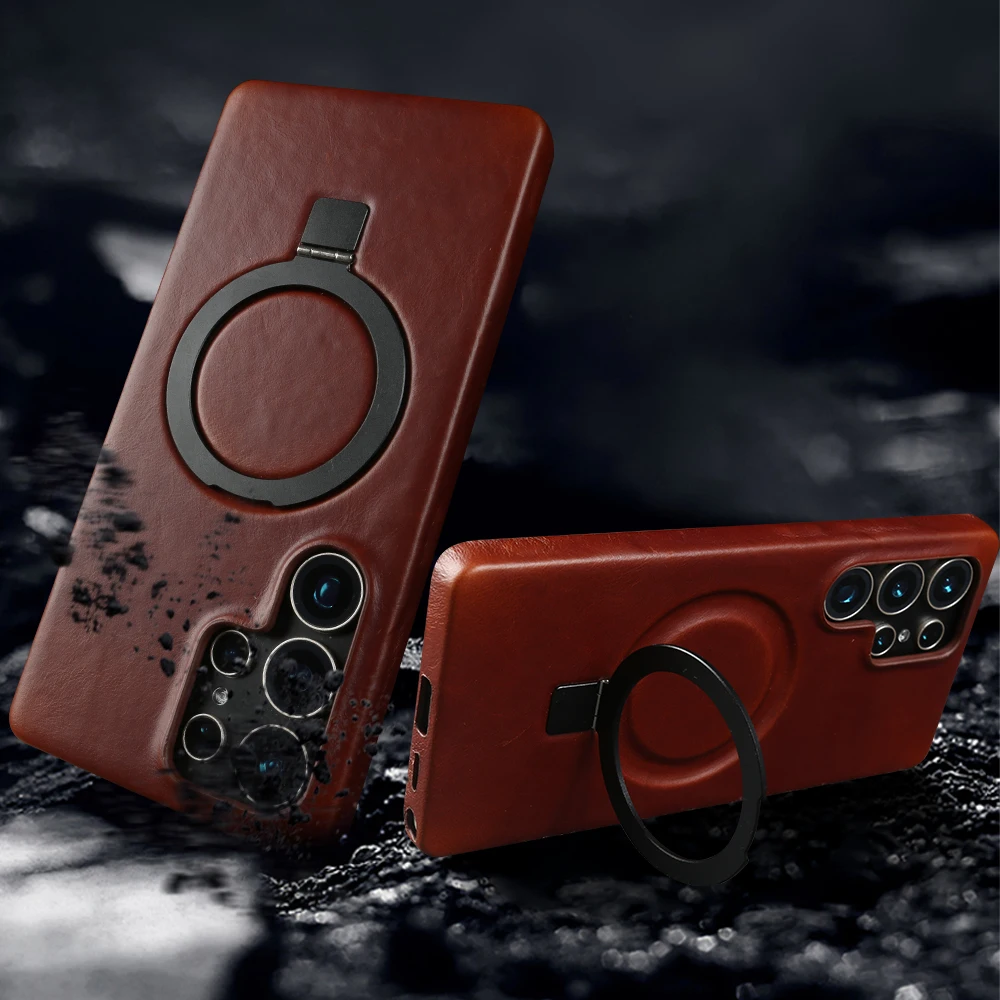 Magnetic Bracket Genuine Leather Case For Samsung Galaxy S25 Ultra S24 FE S23 S22 S21 S20 S25 Plus Note 20 Ultra Phone Case Ring