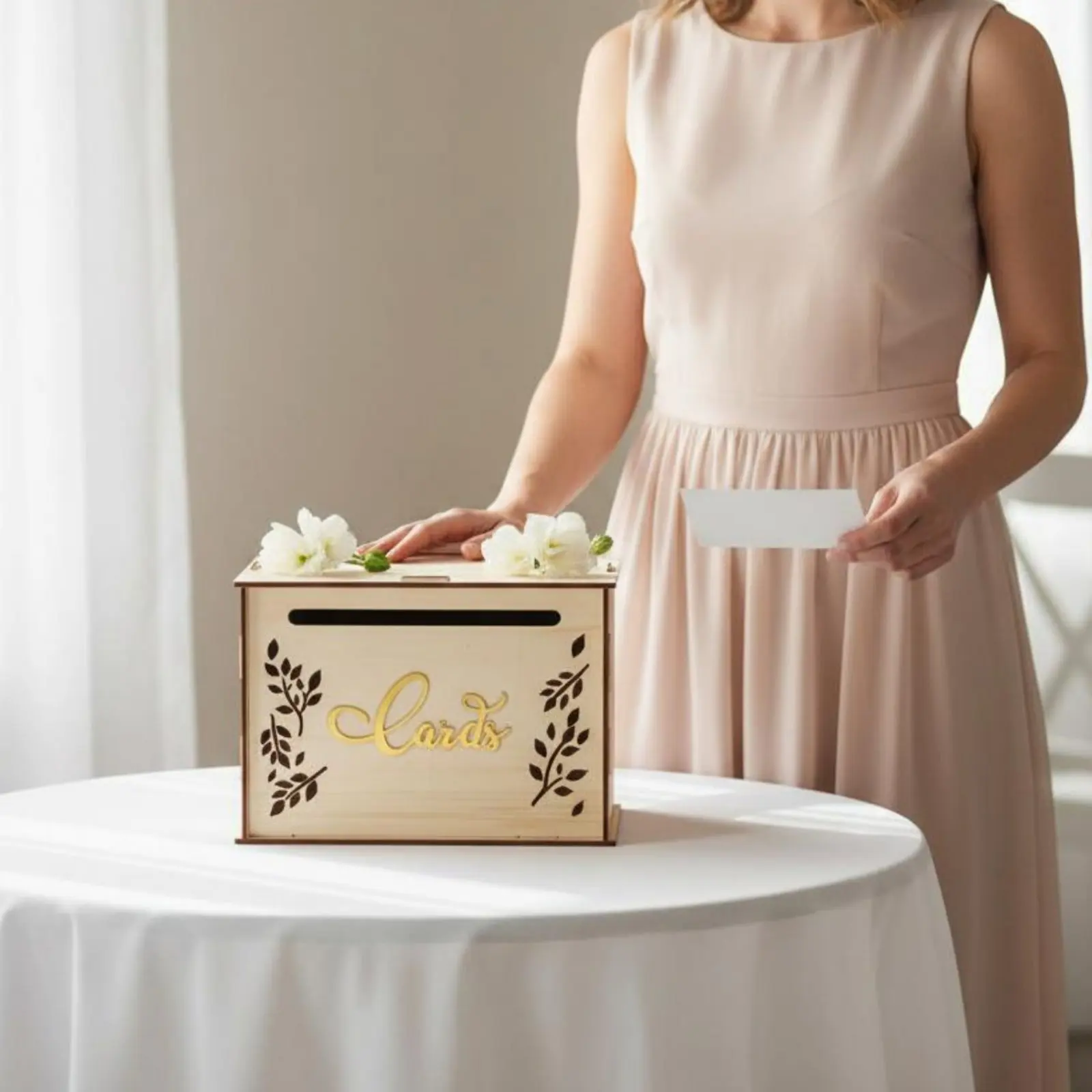 

Wooden Wedding Card Box Decorative Card Box with Flower Slot Polished Finish for Party