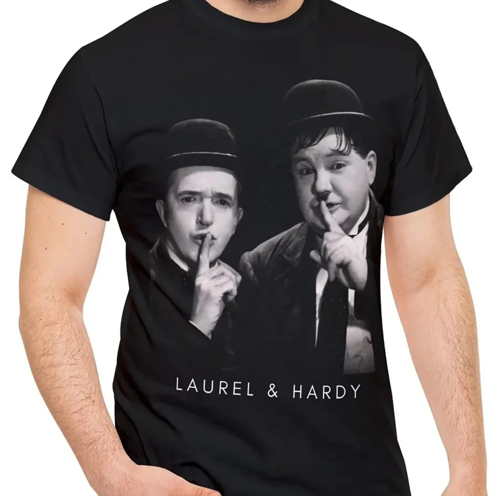 Men's Black Cotton Laurel& Hardy Comedy Duo Graphic T-Shirt Soft Breathable Short Sleeve Tee Vintage-Inspired Casual Humor