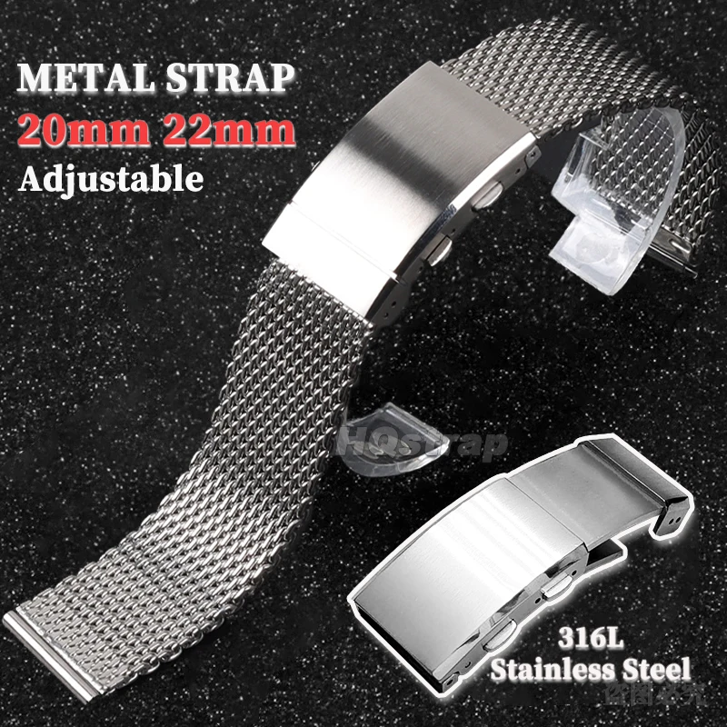 Luxury Stainless Steel Strap 1.0mm Milanese Watch Band 20mm 22mm Universal Replacement Wristband 316L Folding Buckle Watchband