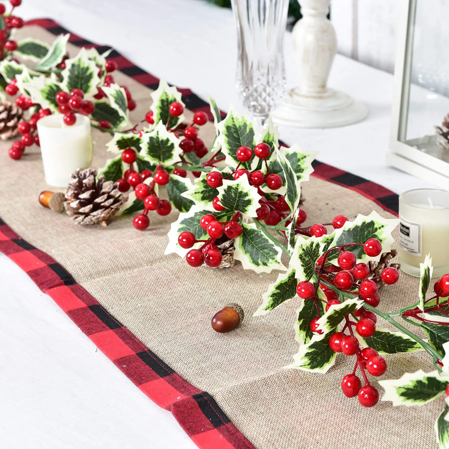 Weihnachtsdekoration, Girlande, 39 Zoll, künstliche Weihnachtsstern, Blumen, rote Beere, Stechpalme, Girlande, Ranken für Weihnachtsbaum, Neujahr, Party-Dekoration – Detail 6