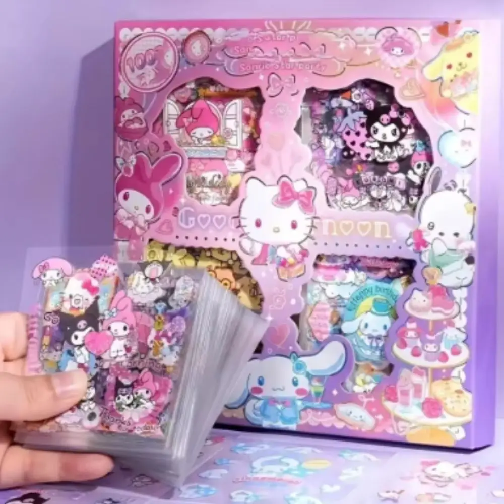 Hello Kitty Sanrio – ensemble d'autocollants 100 pièces sans répétition, papeterie étanche Cinnamoroll Kuromi, boîte cadeau, cadeau d'anniversaire