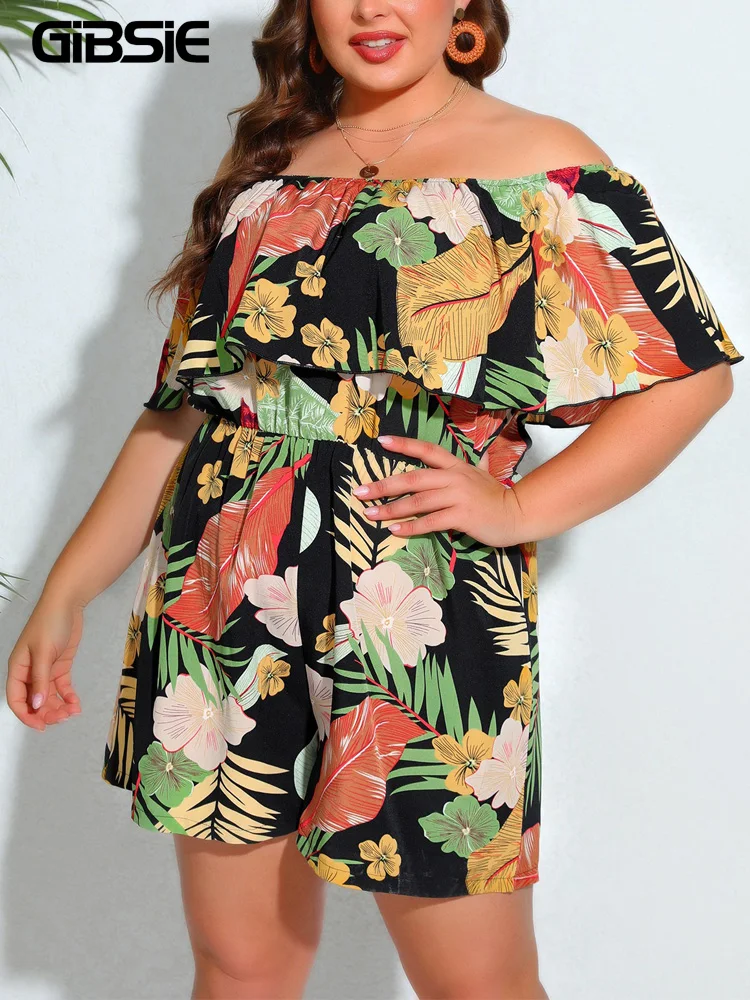 GIBSIE Plus Size Floral Print Off Shoulder Jumpsuit Romper Women 2024 New Summer Beach Vacation Loose Boho Shorts Playsuits