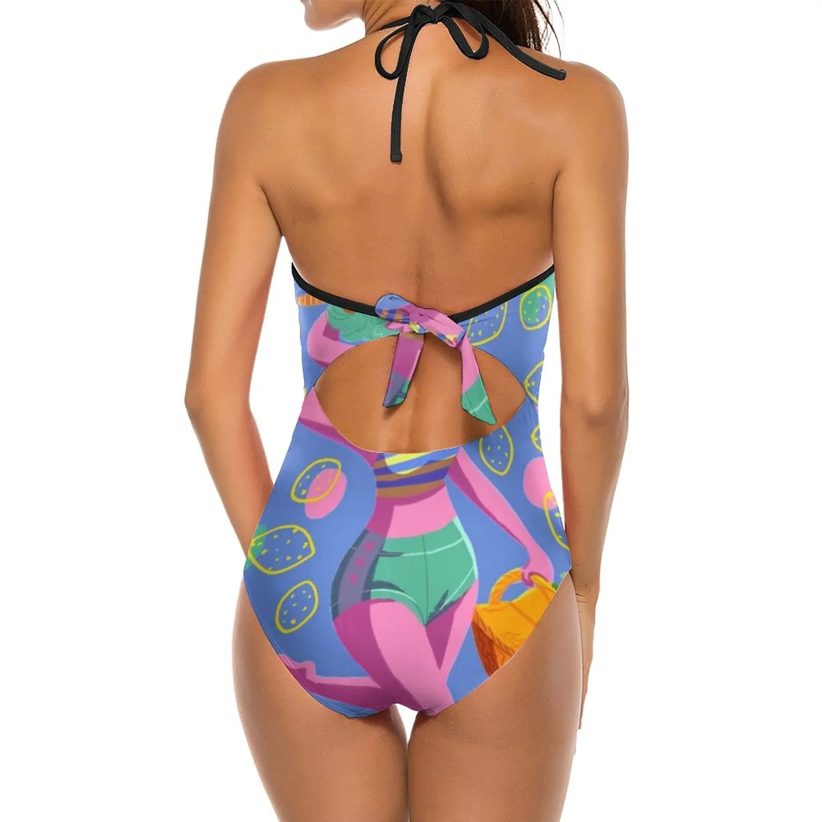 Picnic Women Printed One Piece Swimwear Sexy Backless Swimsuit V Neck Summer Beach Wear Picnic Summer Straw Hat Girls Up Pinup