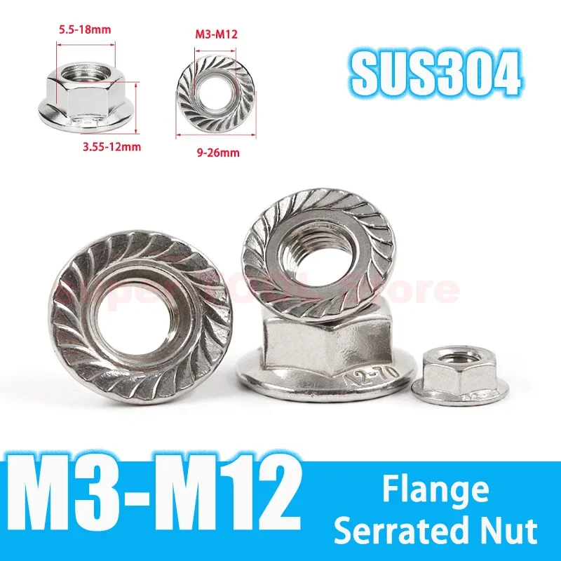 304 Stainless Steel Serrated Flange Nut M3 M4 M5 M6 M8 M10 M12 Hex Flange Lock Nut Hardware Fastener 1/10/20/50/100Pcs