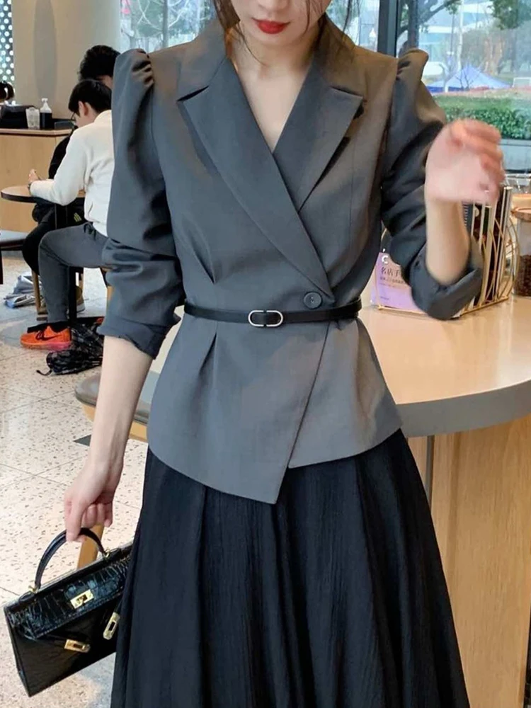 DEAT Elegant 2 Pcs Set Irregularity Belt Blazer Elastic Waist Pleated Skirt Women\'s Office Lady Suit 2024 Summer New Tide 35Z693