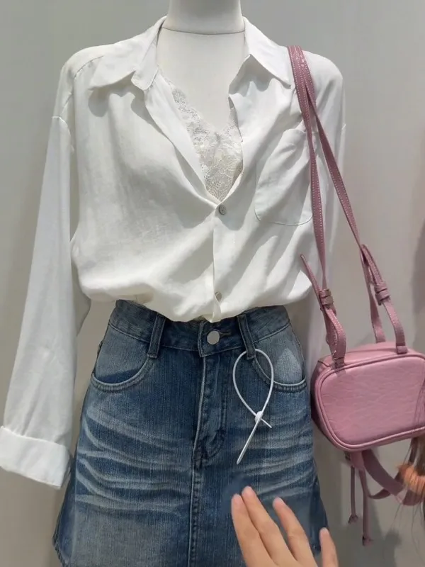 

Design Sensation Lace Patchwork Long Sleeve Women's Shirt Summer Commute Style Fake Two-Piece Versatile White Top