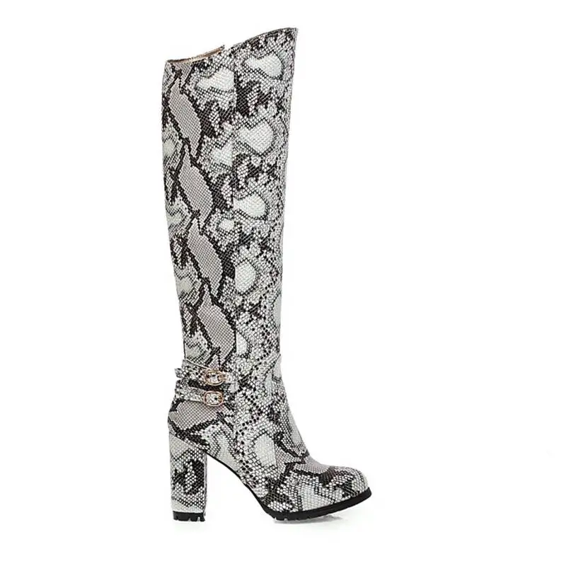 REAVE CAT Women Knee Boots Round Toe Pattern Hight Heels Thick Heel Side Print Big size 34-43