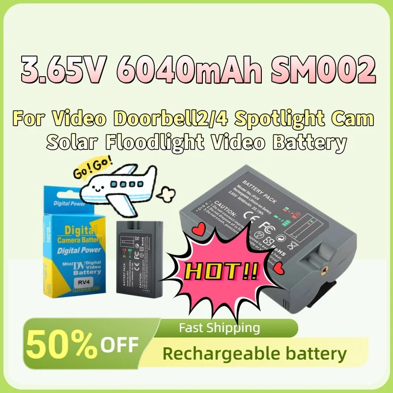 

For Video Doorbell2/4 Spotlight Cam Solar Floodlight Video Battery 3.65V 6040mAh 22.1Wh SM002 Rechargeable Li-ion Batteries
