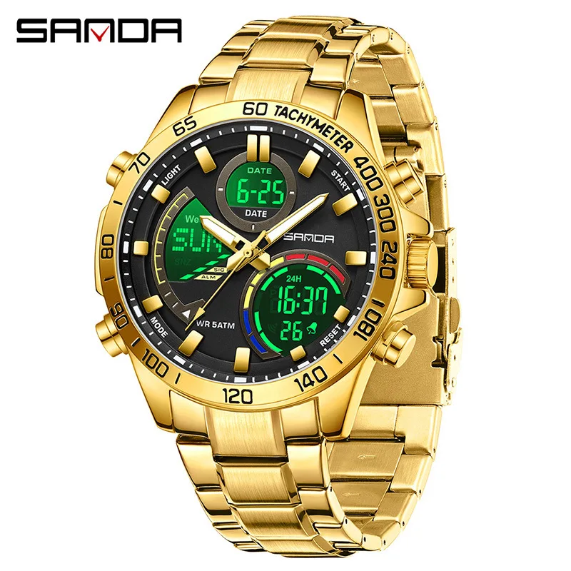 SANDA 6269 Dual Display Electronic Watch Men's Dual Movement 5ATM Waterproof Night Light Three Ground Time Student Sports Watch
