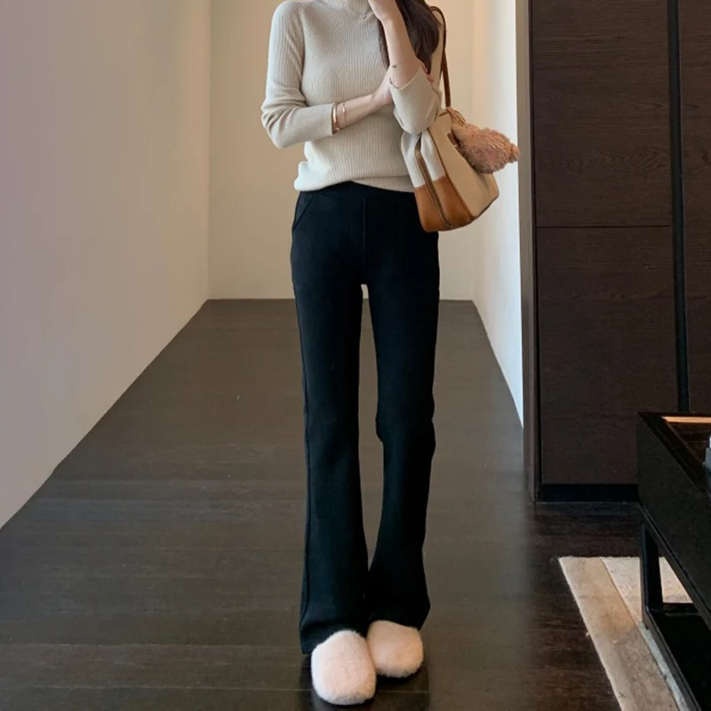 سراويل نسائية صغيرة متوهجة من الصوف لعام 2025 سراويل خريف وشتاء كلاسيكية متعددة الاستخدامات سراويل نسائية عالية الخصر للتخسيس سراويل سوداء