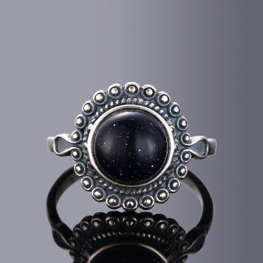 

S925 Silver Ring Jewelry 9mm Blue Sandstone Retro Silver Ring Boutique Jewelry Women Engagement Wedding Birthday Party Gift