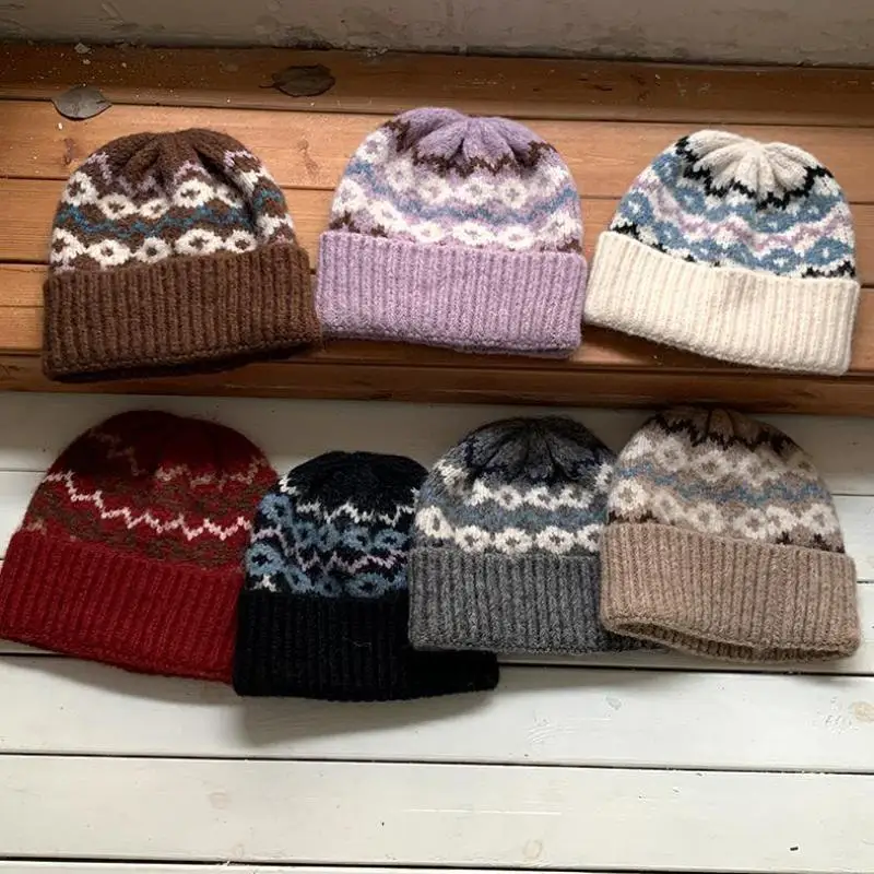 Winter Hats For Women Beanie Vintage Ethnic Style Keep Warm Knitted Bonnet Winter Baggy Cap Female Bohemia Ear Protection