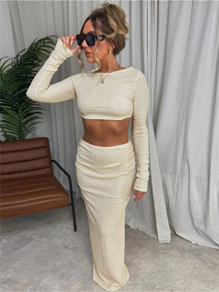 Tossy Patchwork Slim Female 2 Piece-Set Fashion Long Sleeve Crop top And Maxi Skirt Sets High Street Pullover For Women Outfits