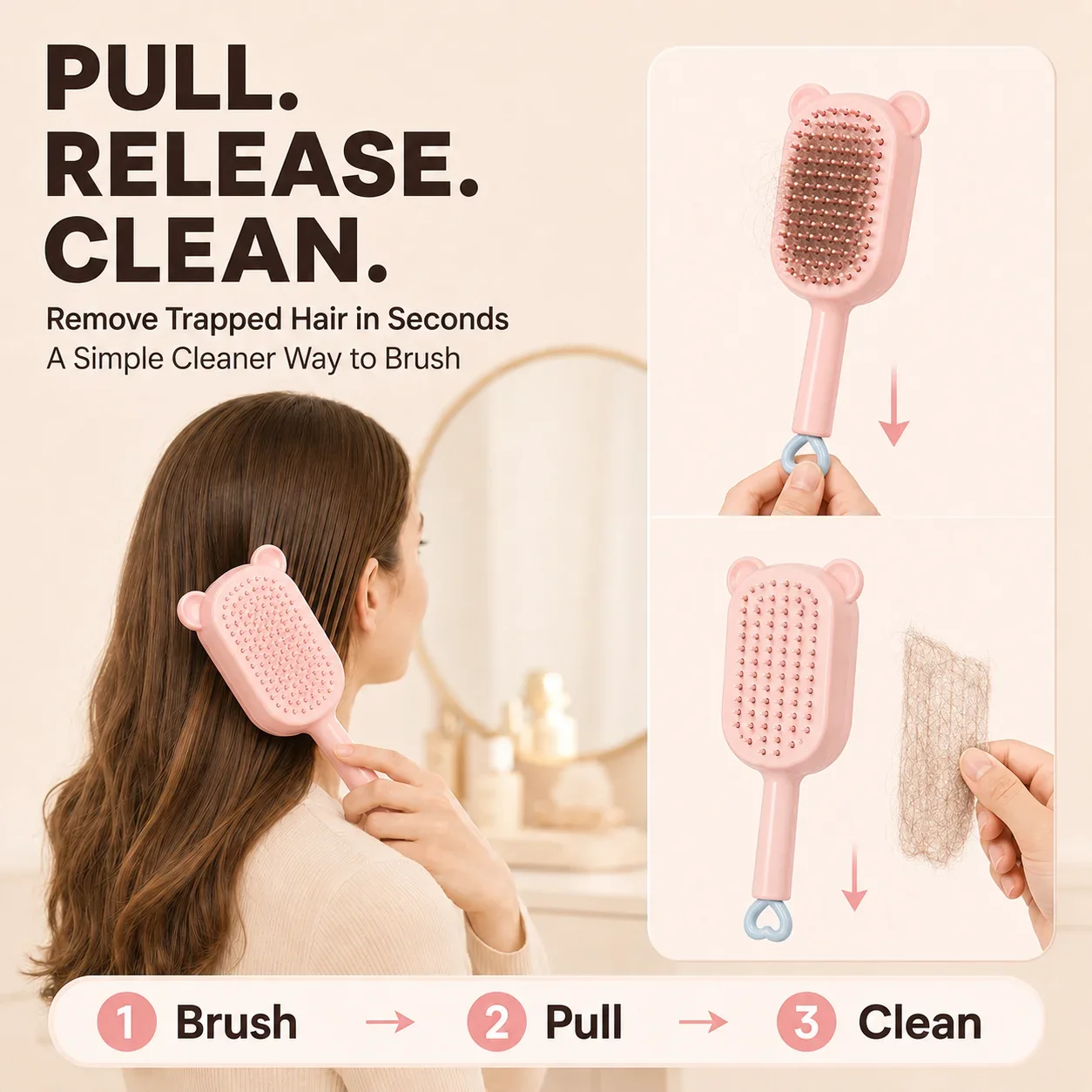 Cute Bear Retractable Air Cushion Hair Brush One‑key Clean Detangling Comb Anti‑Static Massage Scalp Hairbrush for Women Long Ha view 2