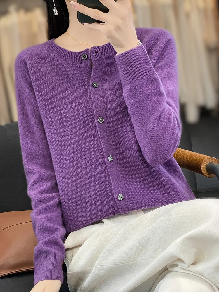 Long Sleeve Knitwear Womens Sweaters Knit 100% Pure Merino Wool Spring Autumn O-Neck Single Breasted Top Cardigan Sweater Coat