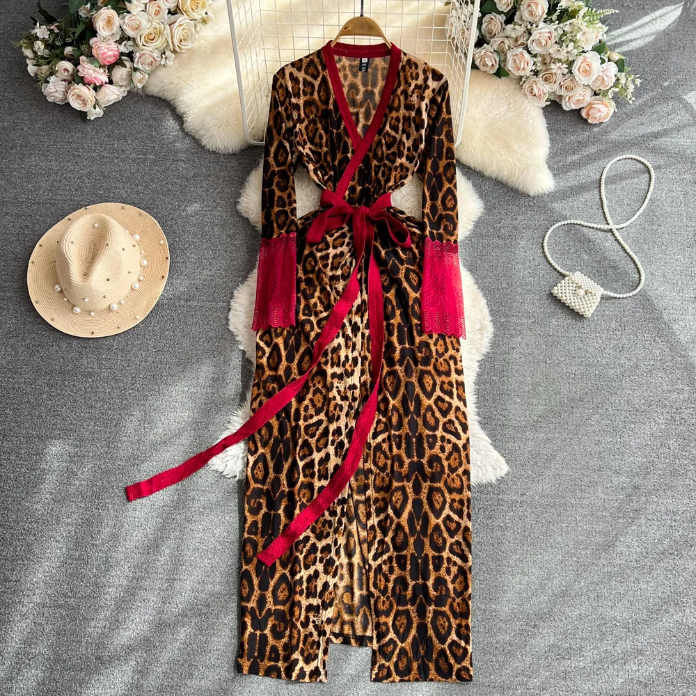 New Fashion Autumn Women Dress Elegant Leopard Print V Neck Long Sleeve Sash Bow Tied High Split A Line Long Vintage Party Dress