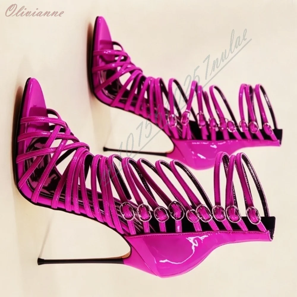 Rose Red Sexy Strappy Cutout Ankle Sandals for Women Thin Stiletto Heels Multi Buckle Zipper Back Dress Heels for Evening Club