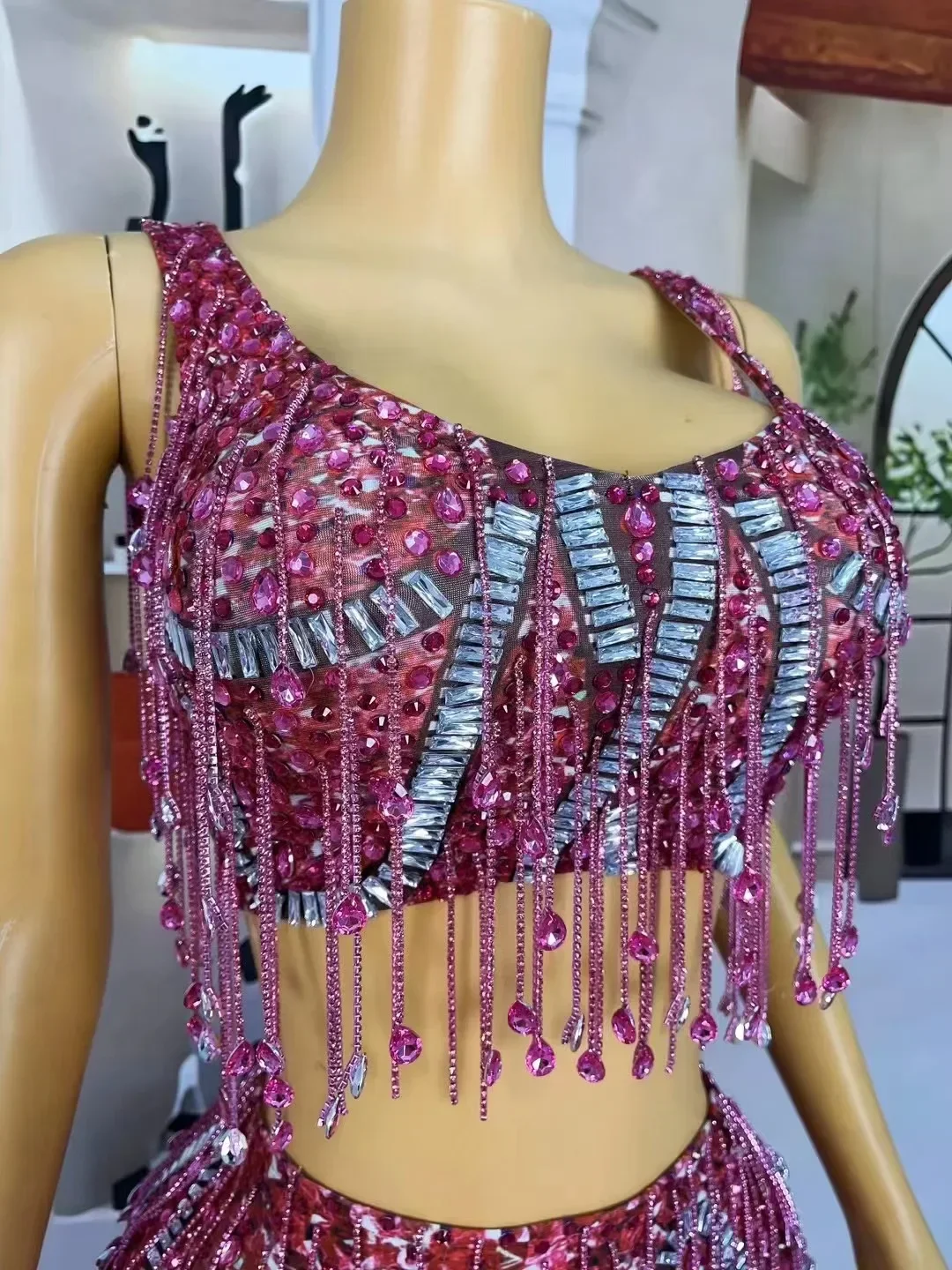 Sparkly Rhinestone Crystals Top Skirt Two Pieces Set Women Sexy Celebrate Evening Birthday Dress Photo Shoot Performance Costume