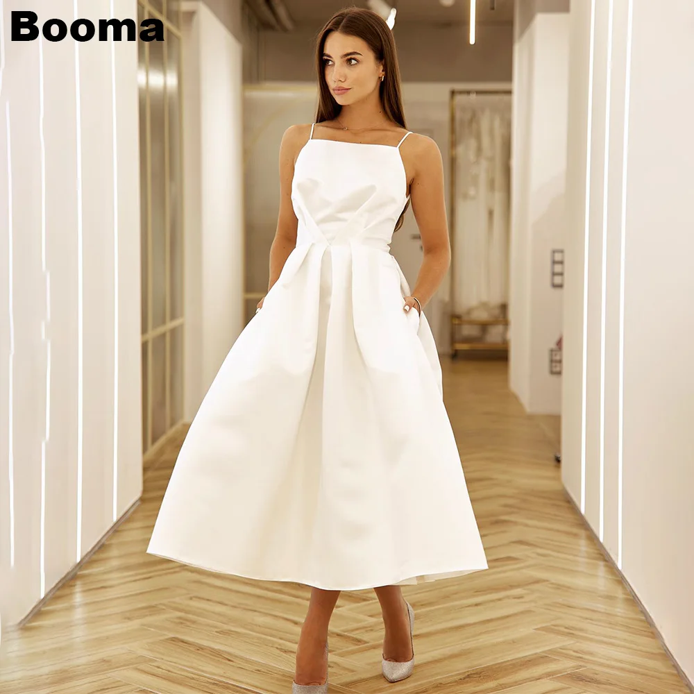 Booma Simple Short Wedding Dresses Pleat Sleeveless Bridals Dresses for Women Ankle Length Evening Party Gowns with Pockets 2023