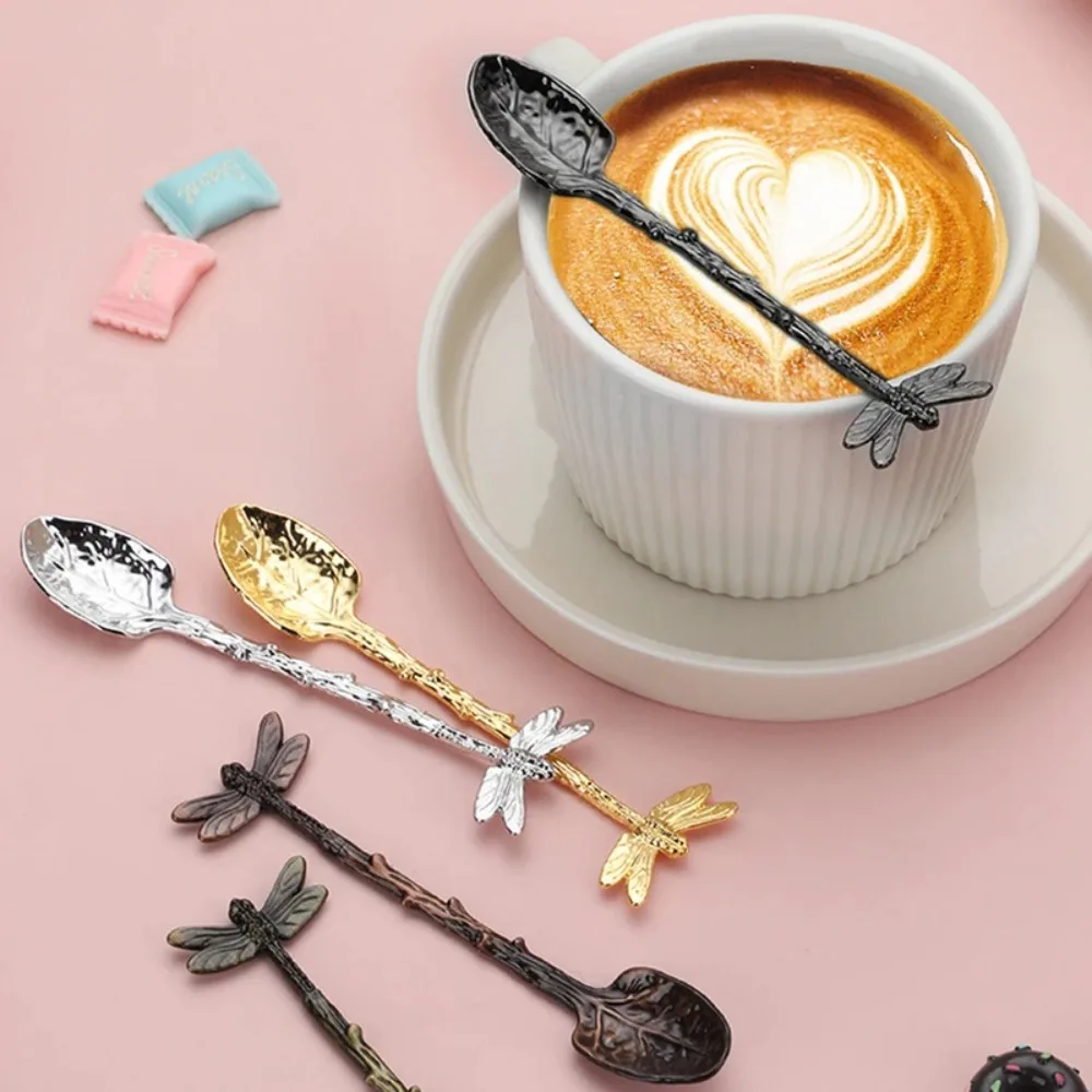 

New Retro Coffee Spoon Dragonfly Twig Decorative Stirring Spoon Alloy Leaf Spoon Forest Style Portable Dessert Spoon Tea Spoon