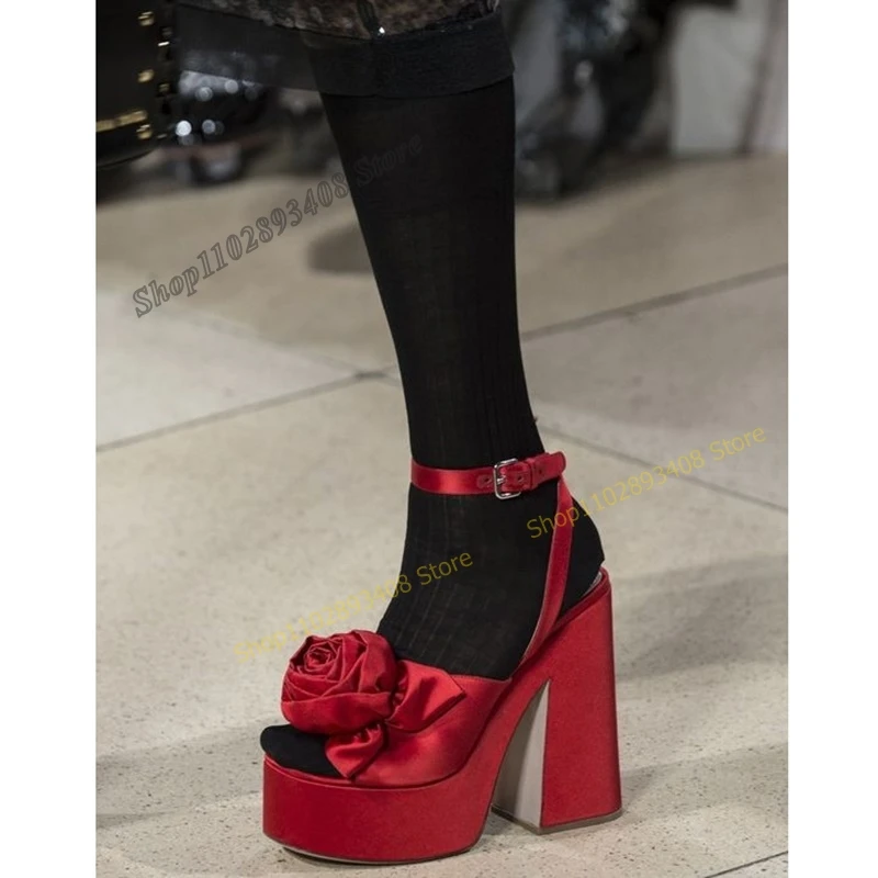 Red Color Rose Decor Satin Sandals Platform Peep Toe Chunky Heel Buckle Strap Women Shoes 2023 Fashion Sexy Zapatos Para Mujere