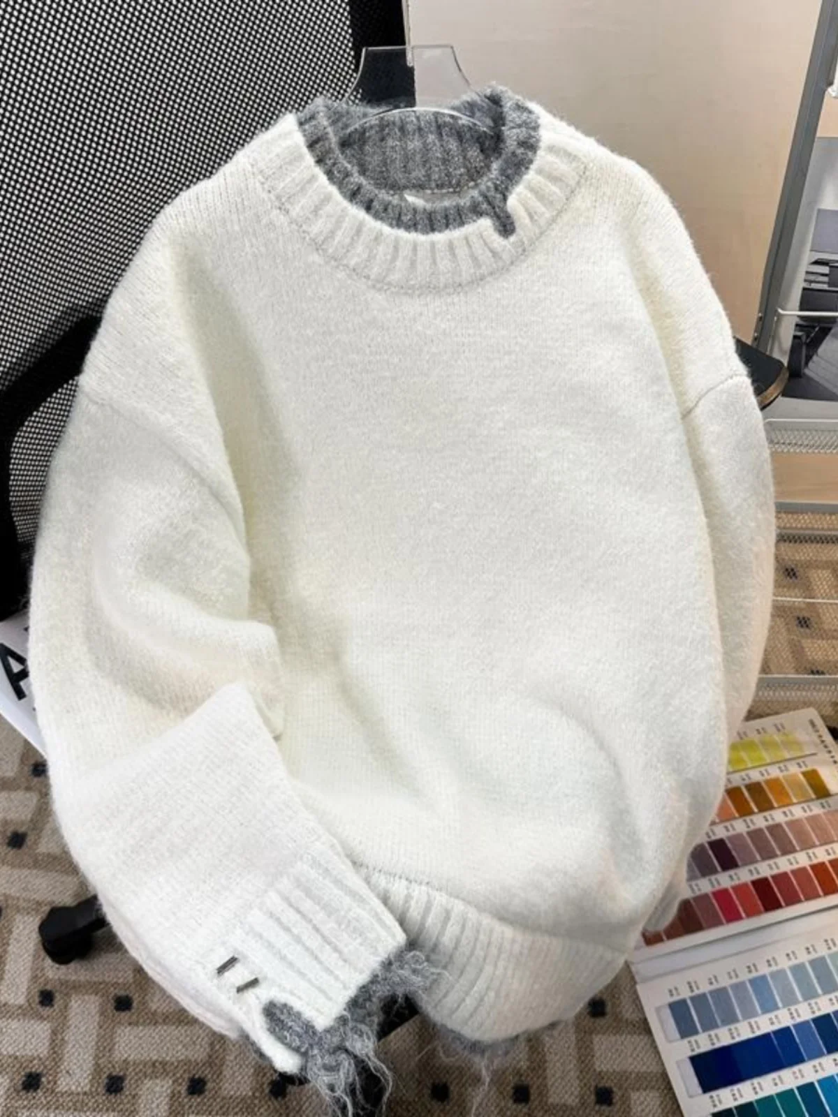 

Men's Fake Two-piece Sweater Autumn Winter Round Neck Spliced Knit Top Korean Casual Fashion Loose Male Pullover Tops