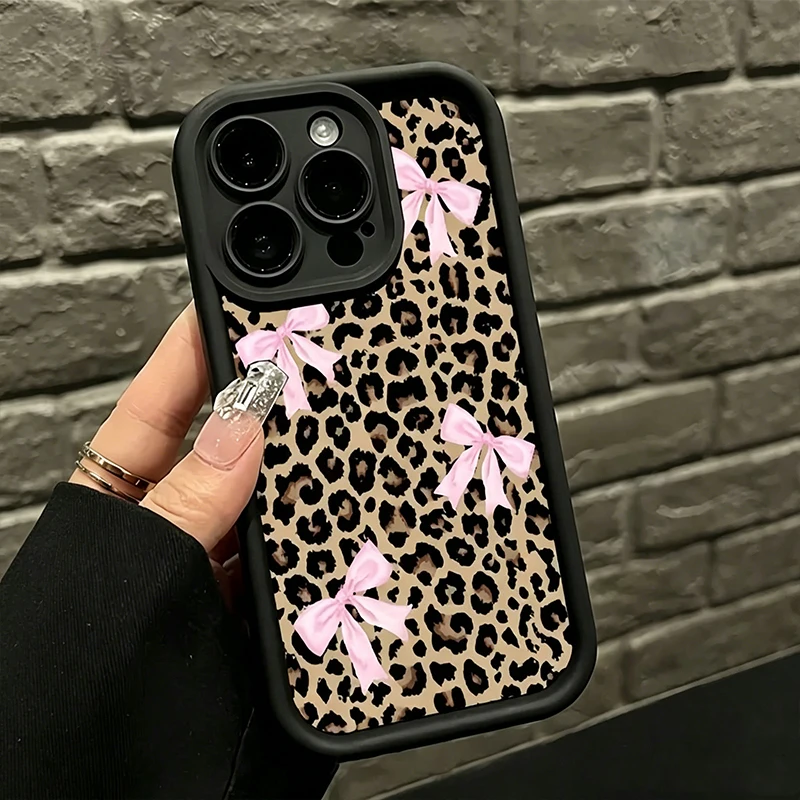 Étui de téléphone de luxe à imprimé léopard avec nœud pour iPhone 11 12 13 14 15 16 17 Pro Max Plus AIR Xs Xr Mini, antichoc, anti-chute, style Y2K