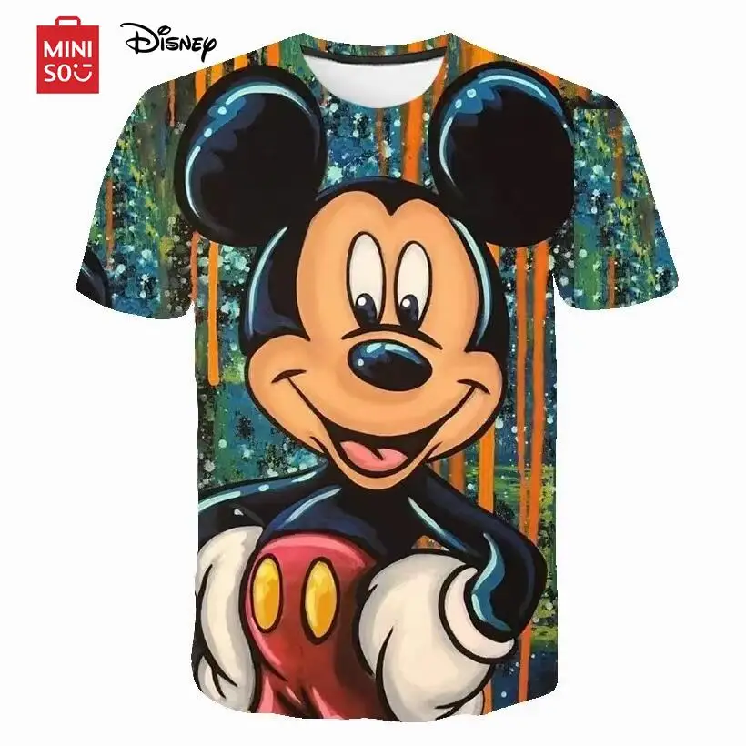 MINISO Disney Cartoon Mickey Mouse T-shirt Children T-shirt Boys 3D Print Summer Mickey Breathable Shirt 1-14 Year Old T-shirt