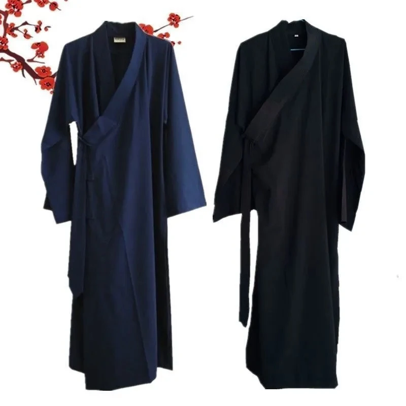

Black Navy Unisex Monk Kung Fu Robe Costume Long Gown Adult Traditional Chinese Costume Vintage Hanfu Long Robe