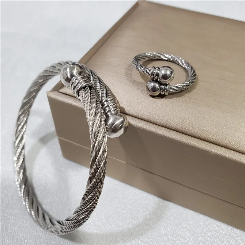 316L Stainless Steel Cable Simple Opening Female Ring Bracelet Wedding Jewelry Set  Conjuntos Feminino Bijoux Enfant Pour Fille