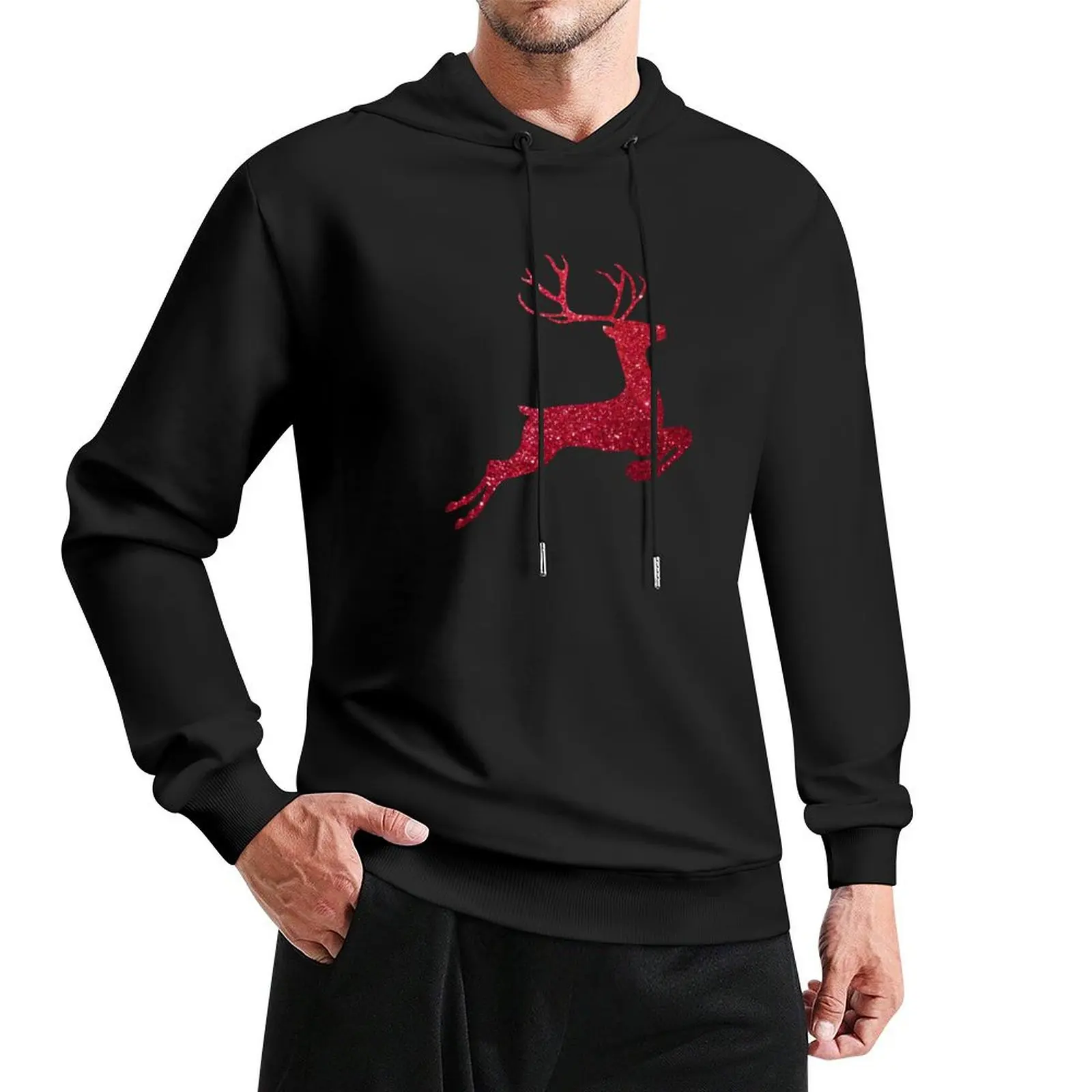 Red Faux Glitter Reindeer Pullover Hoodie men's clothes autumn jacket men autumn hoodies for men