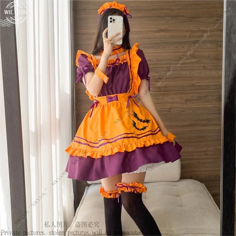 Halloween Maid Cosplay Costume Dress Apron Headwear Sleeve Necklet Legwear Woman Adult Kid Maid Uniform Role Play Stage Costume