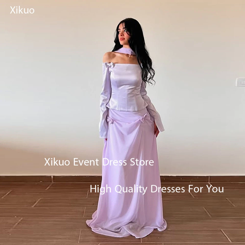 

Xikuo Fashion Satin Evening Dresses Women A Line Bow Prom Party Gowns Long Sleeves Floor Length Sukienka Wieczorowa Customized