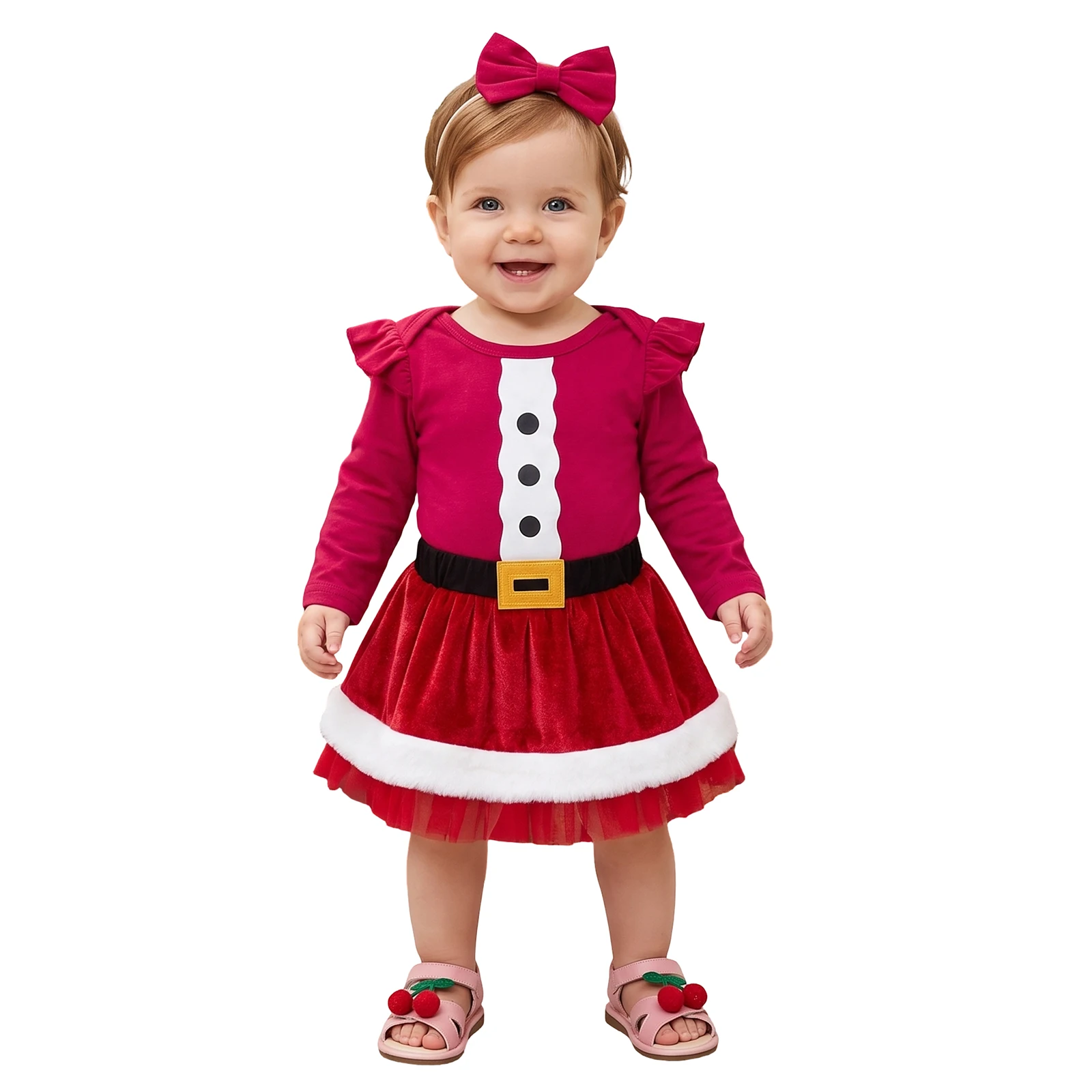 Baby Girl Christmas Outfit Long Sleeve Romper Skirt Headband Set