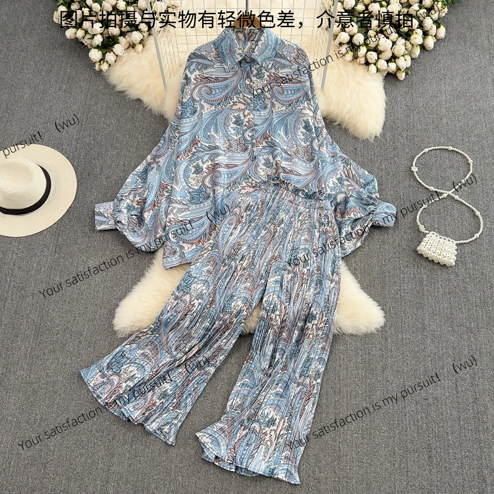 Modischer Anzug für Damen, europäisches und amerikanisches Hemd mit lockeren Laternenärmeln, lässig, hohe Taille, plissiert