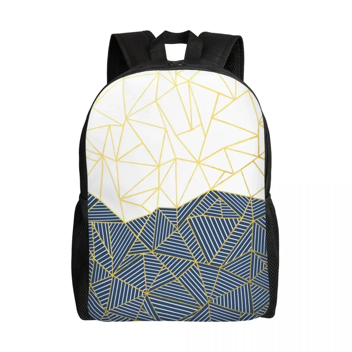 

Custom Abstract Lines Geometric Navy And Gold Backpack for Men Women Water Resistant School College Bag Printing Bookbag