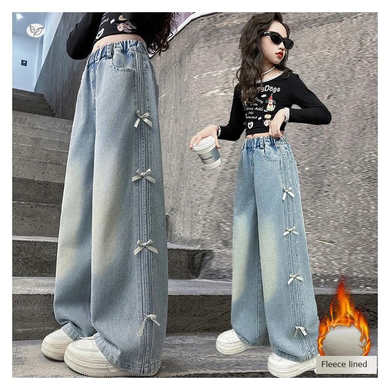 

Girls' Warm Fleece Jeans with Side Bow Tie and Wide-Leg Causal Pants Autumn and Winter Style Medium-Large Girls 5-15Y
