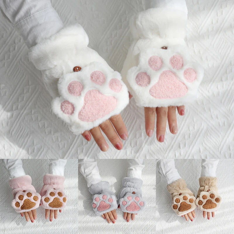 Cute Cat Claw Kawaii Fingerless Gloves Cold Weather Womens Mittens Cozy Knit Thick Double Layers Winter Half Finger Gloves