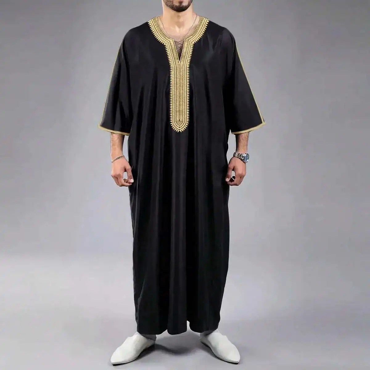 

Muslim 2025 New Short Sleeve Embroidered Striped Moroccan Arabic Ethnic Style Men's Robe Ramadan Dubai Luxury Islam Elegant